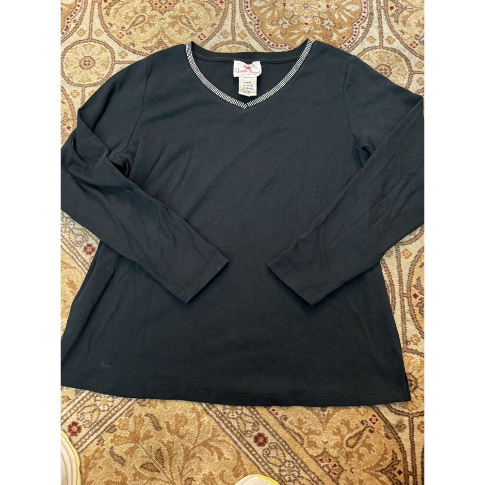 Quacker Factory L Large Woman's Black Pullover‎ Rhinestone V Neck Sequins Tunic